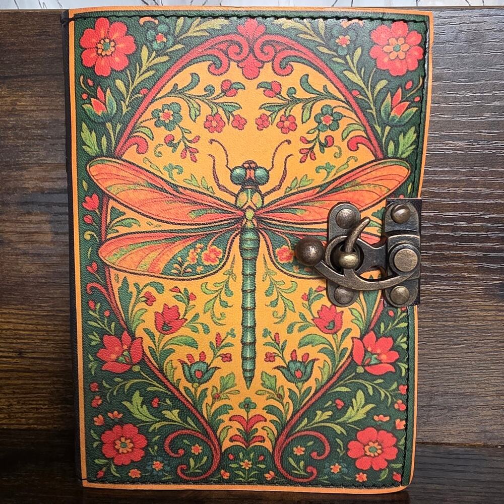 Leather Journal Diary Metal Clasp 5 x 7 Vintage Paper 200 pages Dragonfly